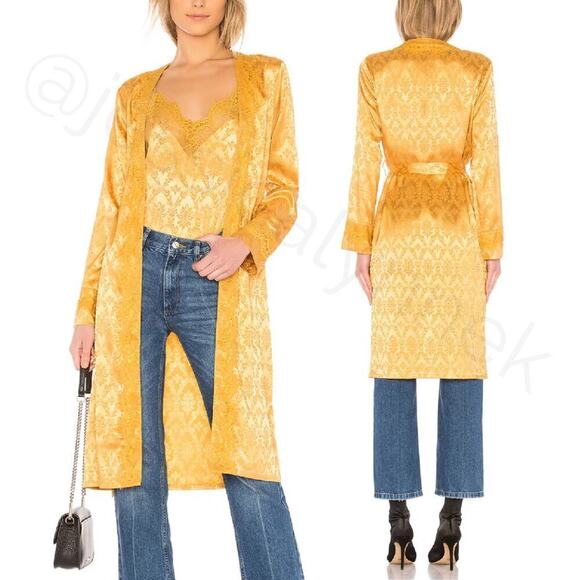 X REVOLVE Satin Brocade Lace Trim Long Sleeve Belted Robe Duster Kimono Gold - M